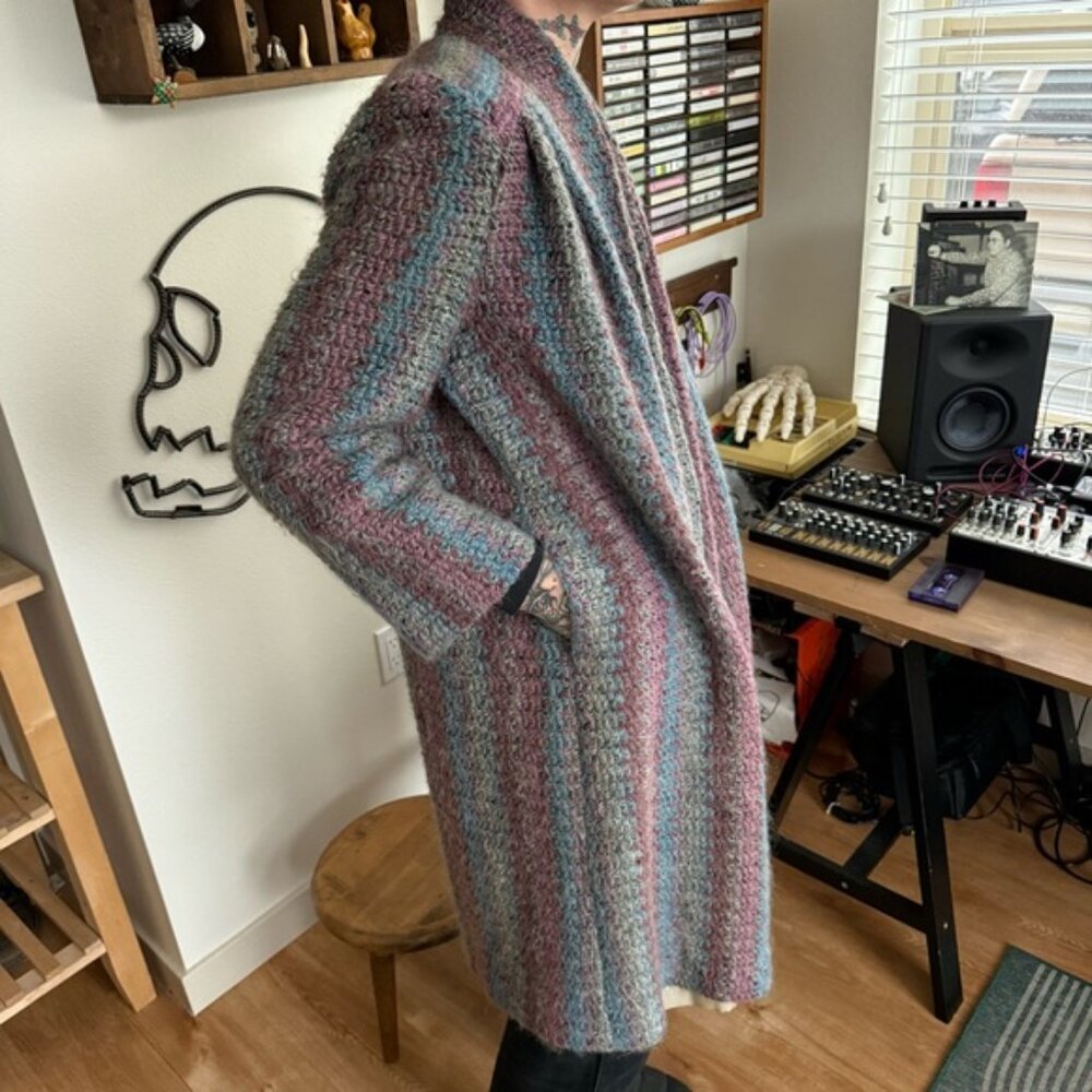 💀 SOLD 💀 Vintage 70s Knit Mohair Blend Long Lined Open Cardigan Sweater Jacket S - Picture 3 of 9